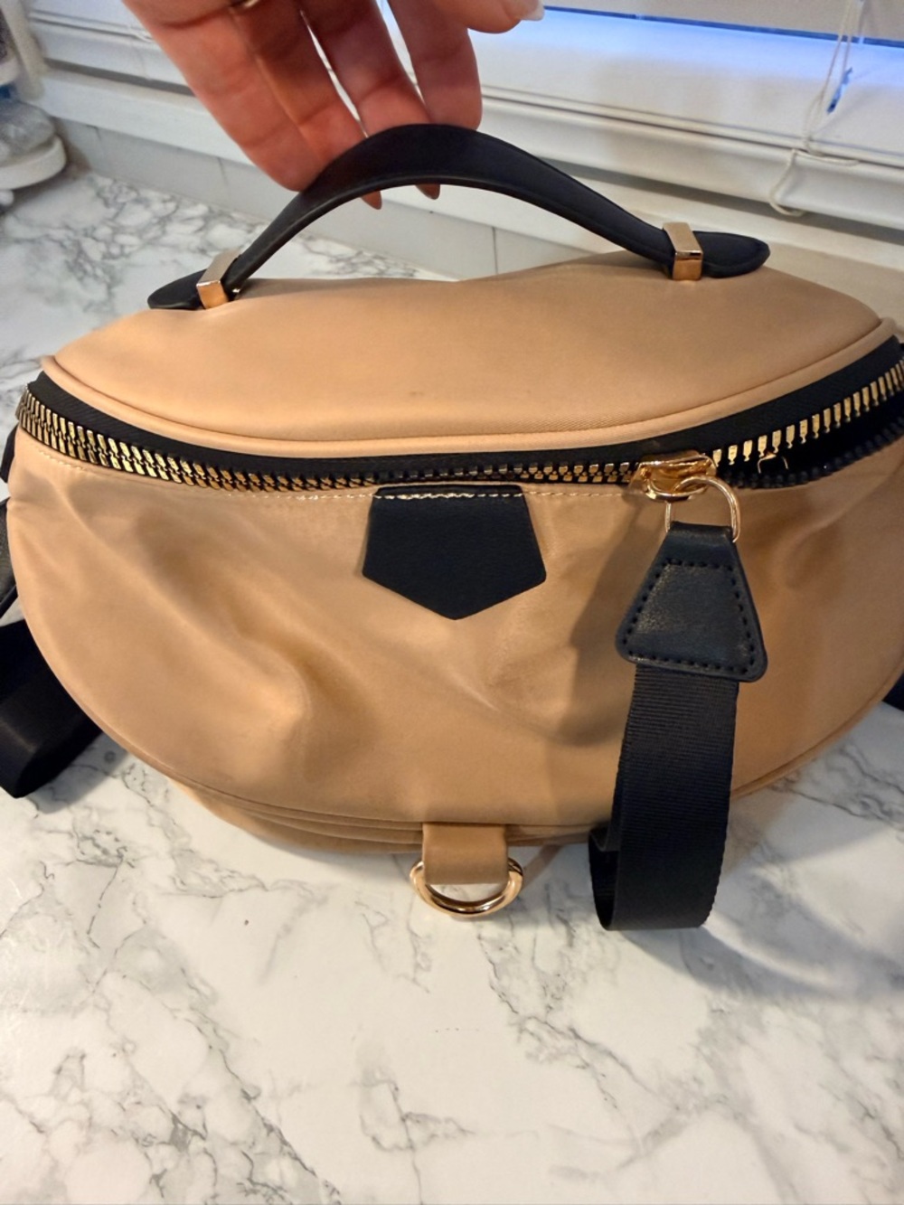 Beige and Black Crossbody Bag with Gold Hardware